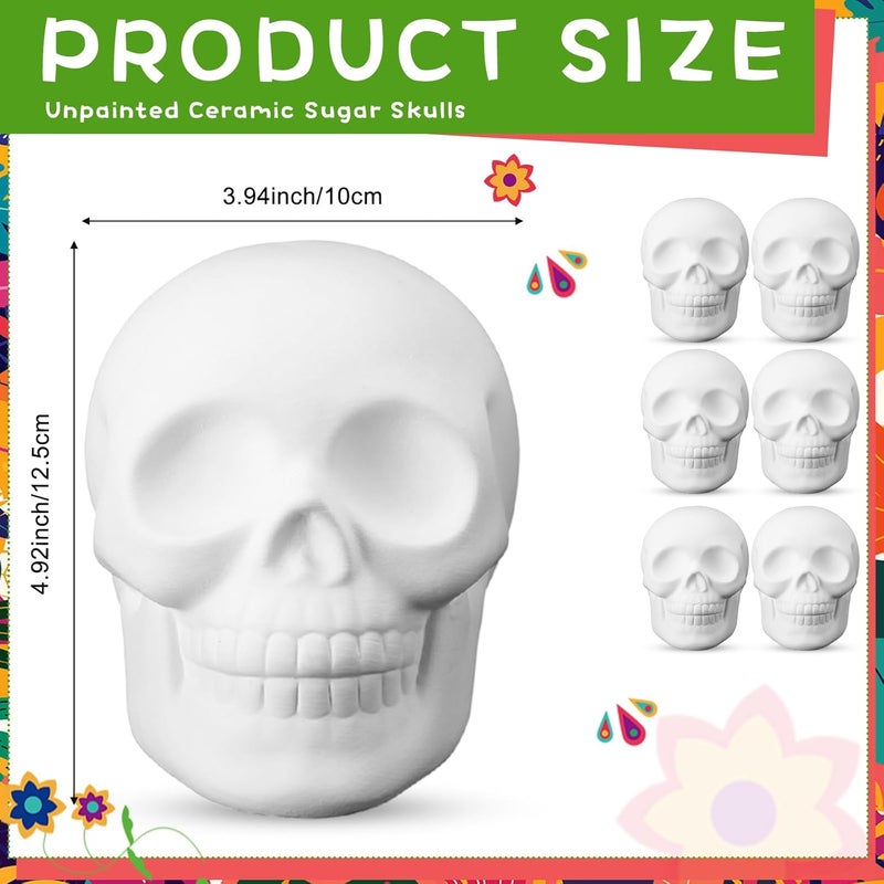 Colingmill 6 Pcs Halloween Skull Ceramic Ready to Paint 5 Inch Ready to Paint Your Own Sugar Skull Figurines Unpainted Plaster Arts and Crafts for Adults Day of The Dead Party Supplies (Classic) - Image 2